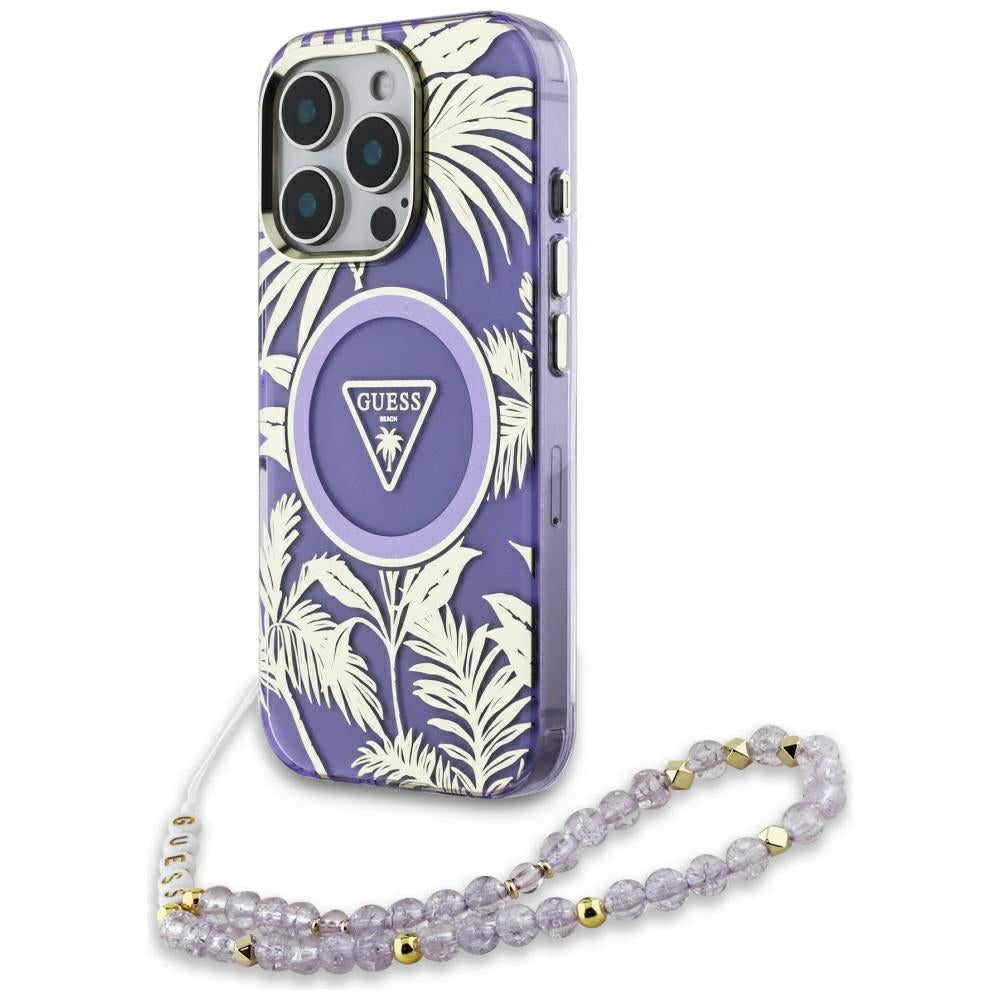 Guess Palm Trees Triangle Pearl Strap MagSafe case for iPhone 16 Pro Max