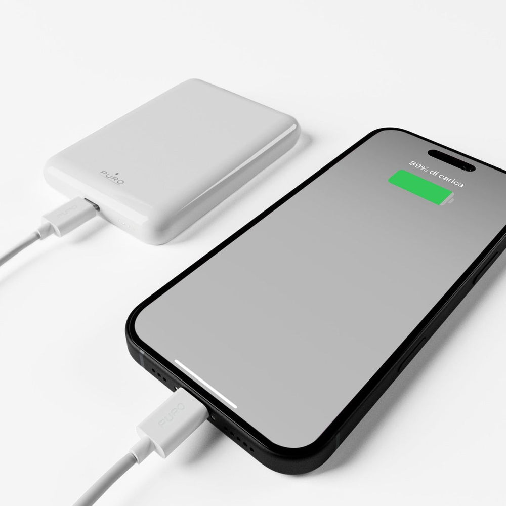 „Puro Power Mag“ išorinė baterija, 5000 mAh, 20 W, su maitinimo šaltiniu, USB-C, balta.