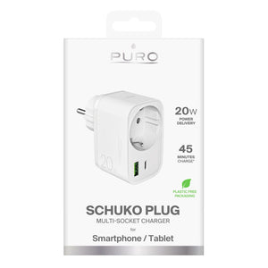Puro 20W Power Delivery Charger with Schuko Plug and Socket 1x USB-C + 1x USB-A - White