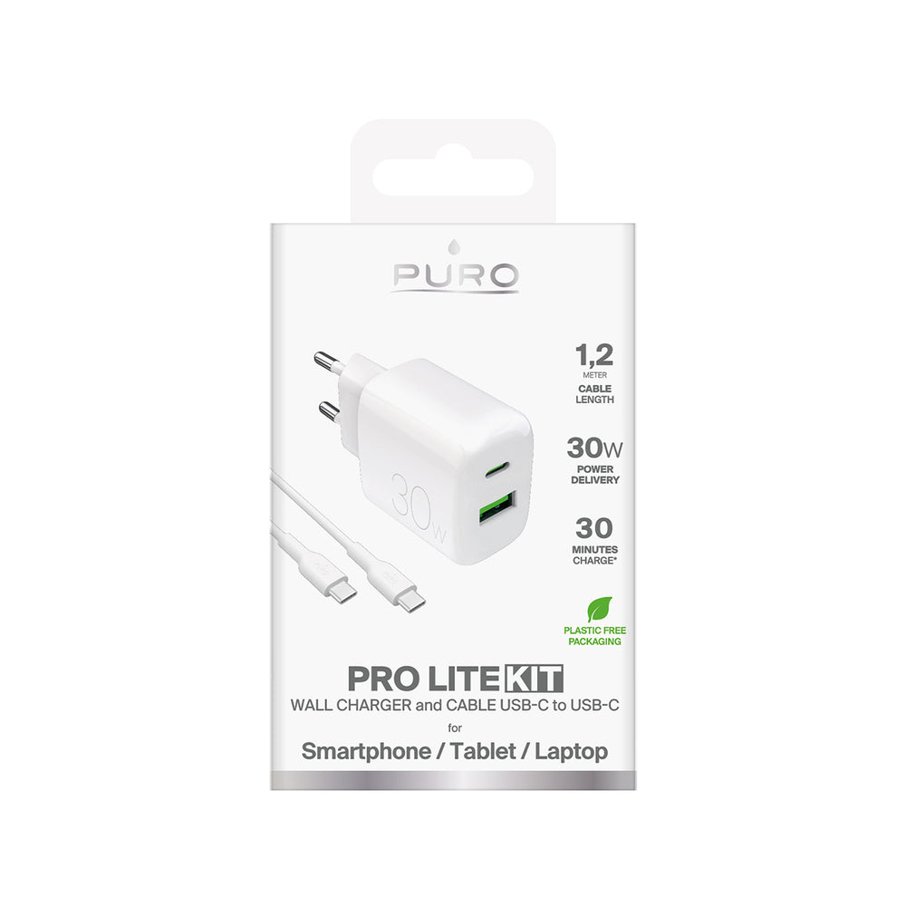 Puro PROLITE 30W USB-A / USB-C wall charger + USB-C - USB-C cable 1.2m - white