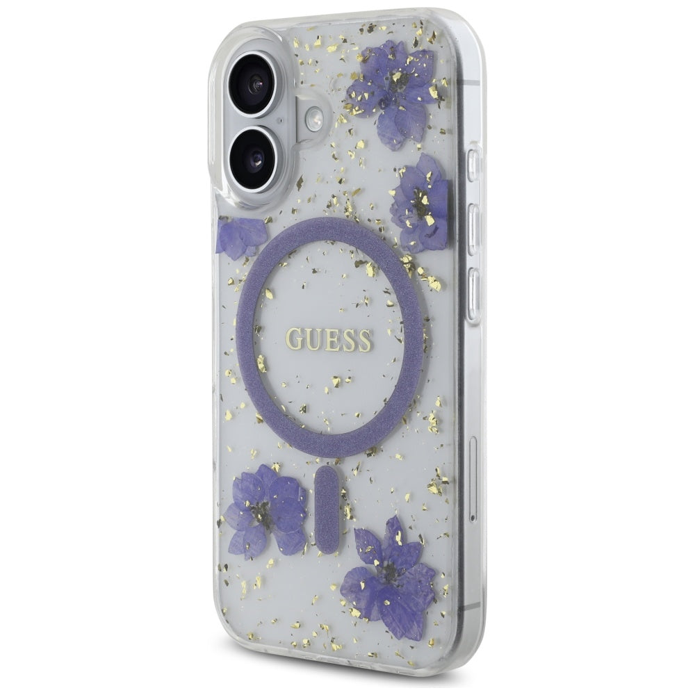 Guess Resin Flowers Glitter MagSafe case for iPhone 16 - purple