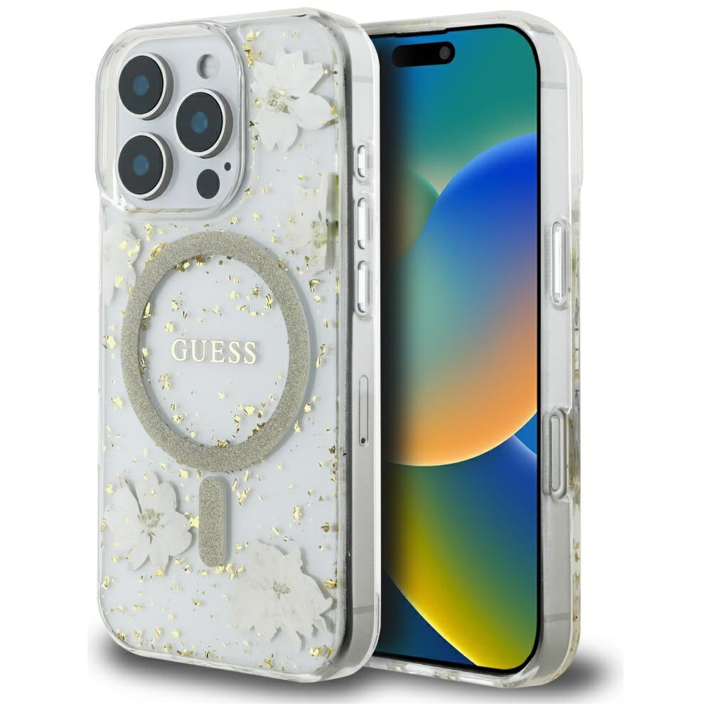 Guess Resin Flowers Glitter MagSafe iPhone 16 Pro Case - Beige