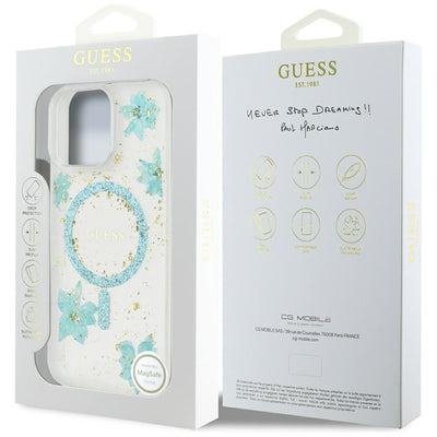 Guess Resin Flowers Glitter MagSafe iPhone 16 Pro Case - Clear Green