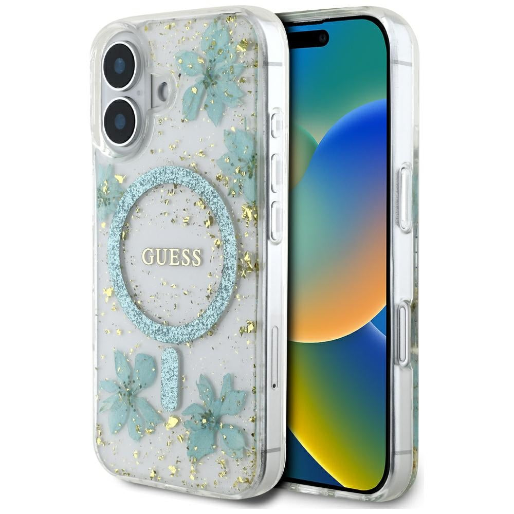 Guess Resin Flowers Glitter MagSafe iPhone 16 Case - Clear Green