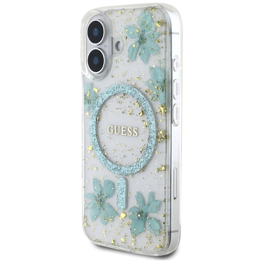 Guess Resin Flowers Glitter MagSafe iPhone 16 Case - Clear Green