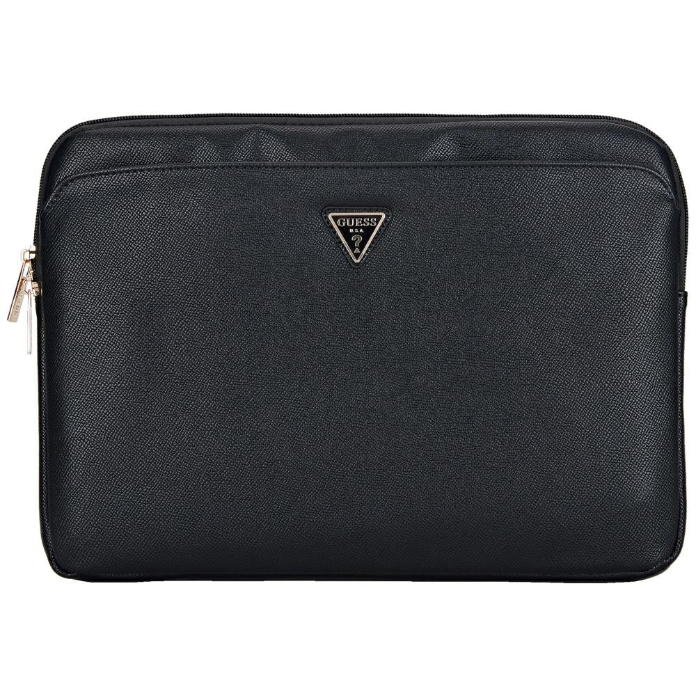 Guess Sleeve Grained Zipper Pocket Triangle Logo 14" Laptop Bag - Black