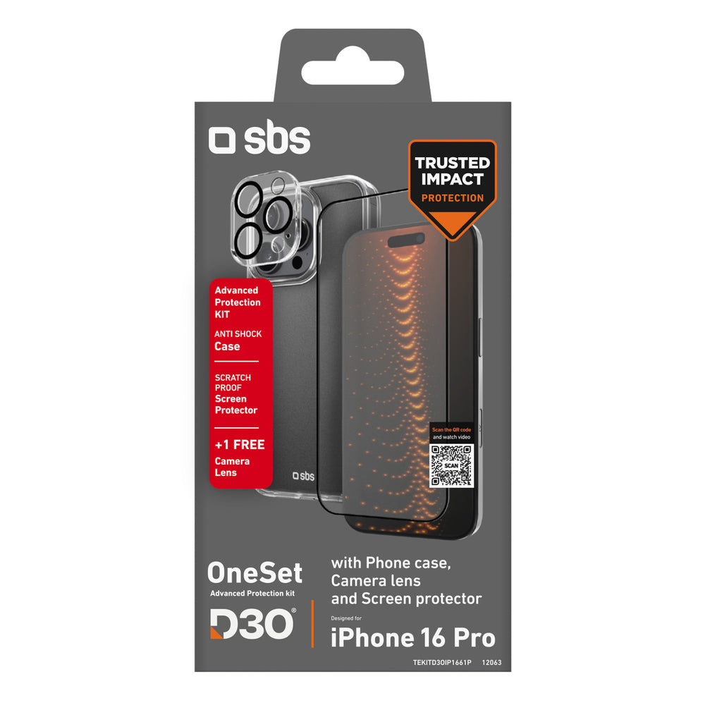 SBS set with D3O technology for iPhone 16 Pro - case + glass screen and camera protector - transparent