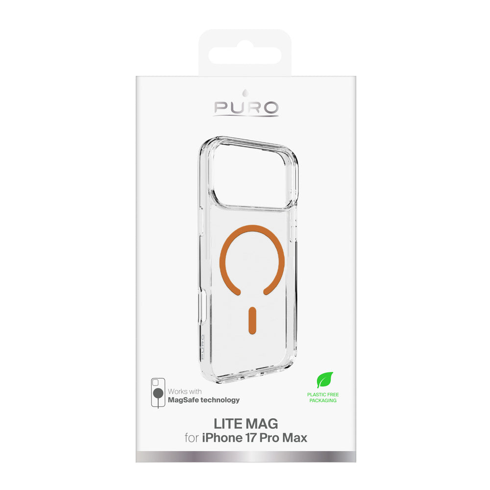 Puro Lite Mag TPU+PC Case Compatible with MagSafe for iPhone 17 Pro Max - Transparent with Orange Ring