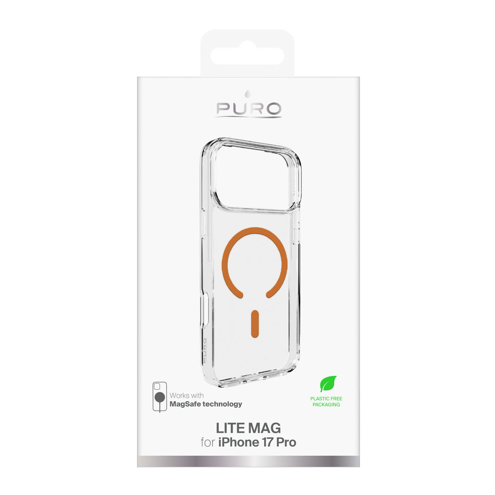 Puro Lite Mag TPU+PC Case Compatible with MagSafe for iPhone 17 Pro - Transparent with Orange Ring