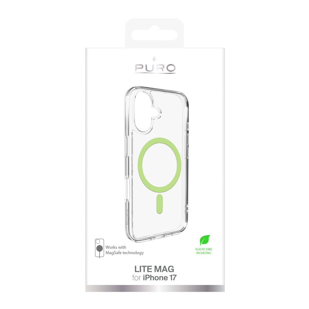 Puro Lite Mag TPU+PC Case Compatible with MagSafe for iPhone 17 - Transparent with Green Ring