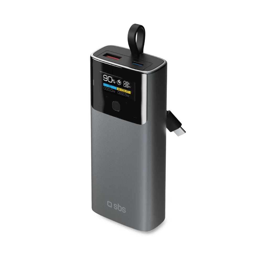 SBS 10000mAh PD 20W Powerbank with LCD Display and Built-in USB-C Cable - Gray