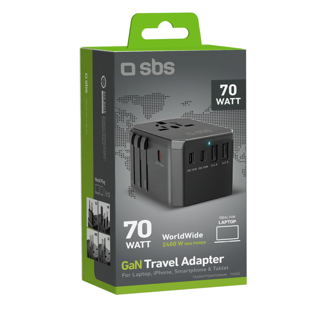 SBS Universal GaN Travel Adapter 70W 3xUSB-C 2xUSB-A with Case - Black