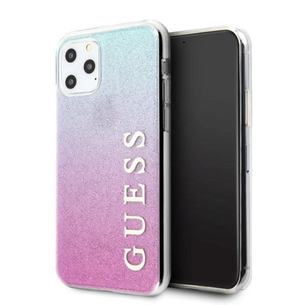 Guess GUHCN65PCUGLPBL iPhone 11 Pro Max rožinės mėlynos/rožinės mėlynos spalvos kietas dėklas su blizgučiais ir gradientu