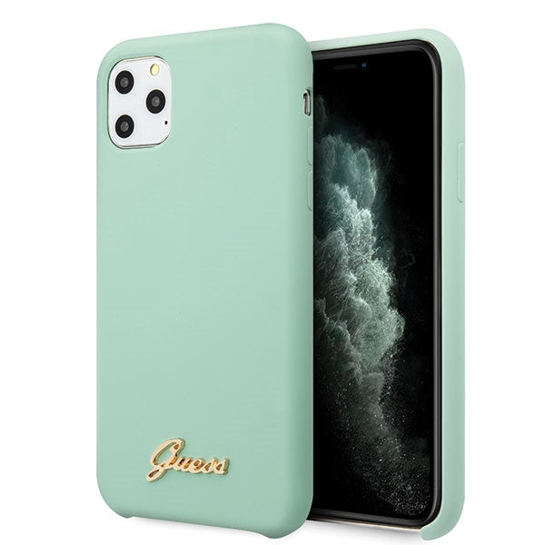 Guess GUHCN65LSLMGG iPhone 11 Pro Max žalias/žalias kietas silikoninis dėklas, auksinis, su logotipu