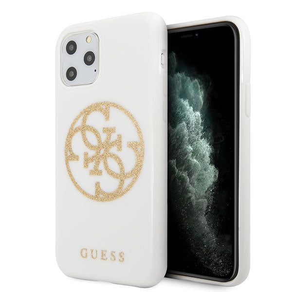 Guess GUHCN65TPUWHGLG iPhone 11 Pro Max baltas/baltas kietas dėklas su blizgučiais ir apskritimo formos logotipu