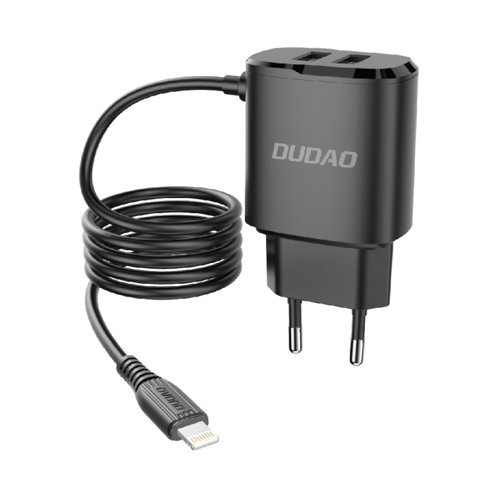 „Dudao“ įkroviklis 2x USB su integruotu 12W „Lightning“ laidu, juodas (A2ProL juodas)