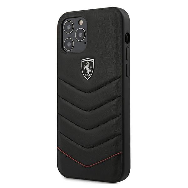 „Ferrari FEHQUHCP12LBK iPhone 12 Pro Max 6.7“ juodas/juodas kietas dėklas, dygsniuotas, „Off Track“