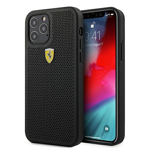 „Ferrari FESPEHCP12LBK iPhone 12 Pro Max 6.7“ juodas/juodas kietas dėklas „On Track“ perforuotas