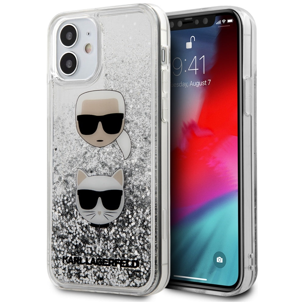 Karl Lagerfeld KLHCP12SKCGLSL iPhone 12 mini 5,4" sidabro/aukso spalvos kietas dėklas su skystais blizgučiais Karl&Choupette