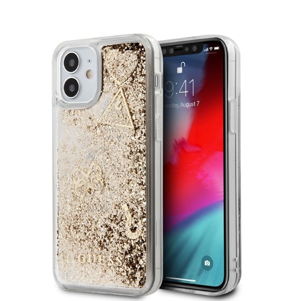 „Guess“ GUHCP12SGLHFLGO iPhone 12 mini 5,4" auksinis/zlotinis kietas dėklas su blizgučiais ir pakabukais.