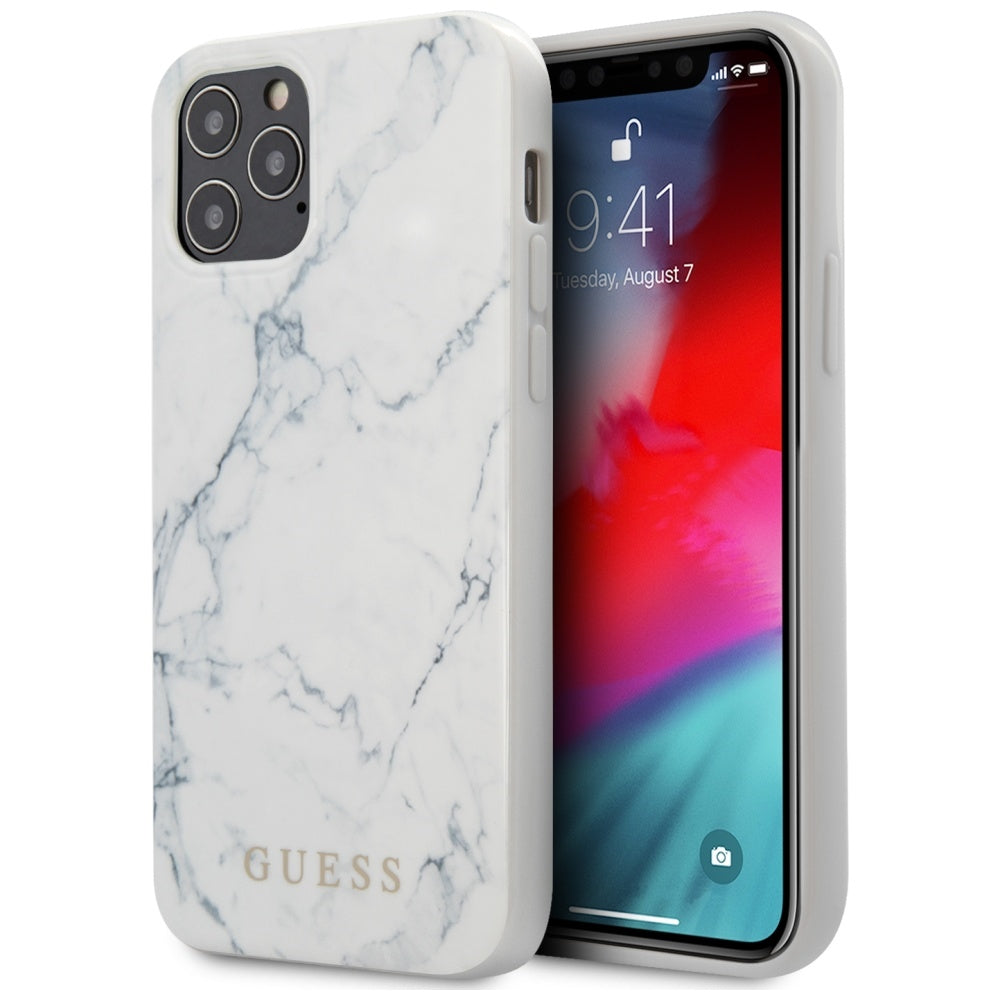 Guess GUHCP12LPCUMAWH iPhone 12 Pro Max 6,7" baltos spalvos kietas dėklas, marmuras