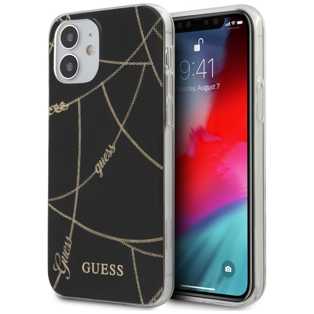 „Guess“ GUHCP12SPCUCHBK iPhone 12 mini 5.4" juodas/juodas kietas dėklas, „Gold Chain Collection“