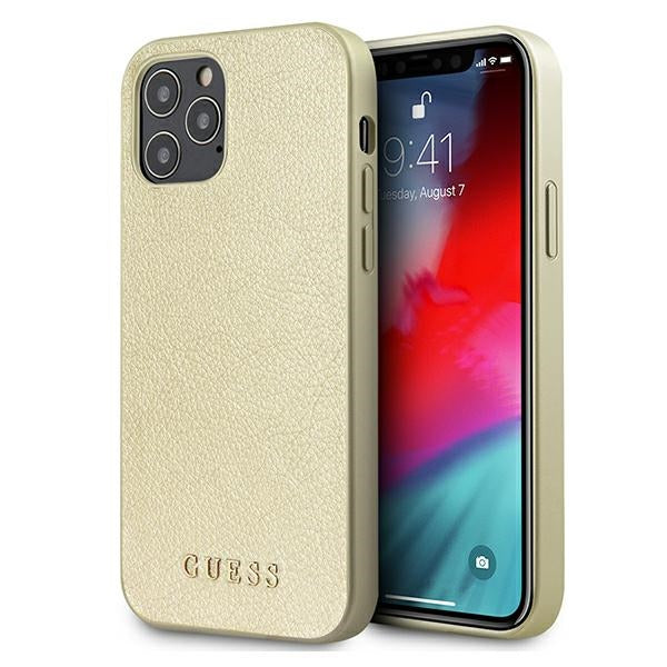 „Guess“ GUHCP12LIGLGO iPhone 12 Pro Max 6.7" auksinis/auksinis kietas dėklas, vaivorykštinis