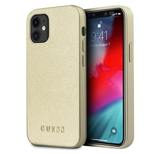 „Guess“ GUHCP12SIGLGO iPhone 12 mini 5.4" auksinis/auksinis kietas dėklas, vaivorykštinis