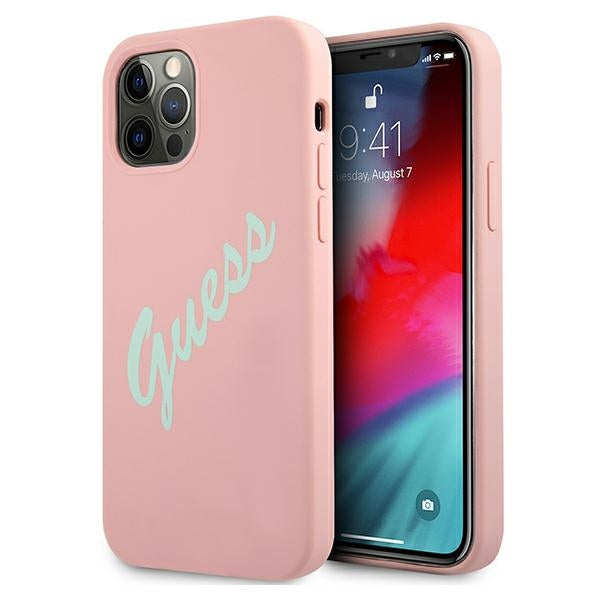 Guess GUHCP12LLSVSPG iPhone 12 Pro Max 6.7" rožinės žalios/žalios rožinės spalvos kietas silikoninis dėklas, vintažinis