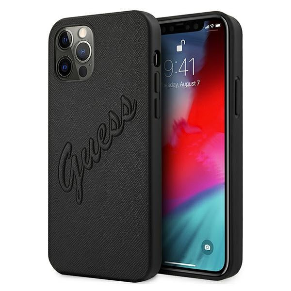 „Guess Saffiano Vintage Script“ dėklas, skirtas „iPhone 12 Pro Max 6.7“ – juodas