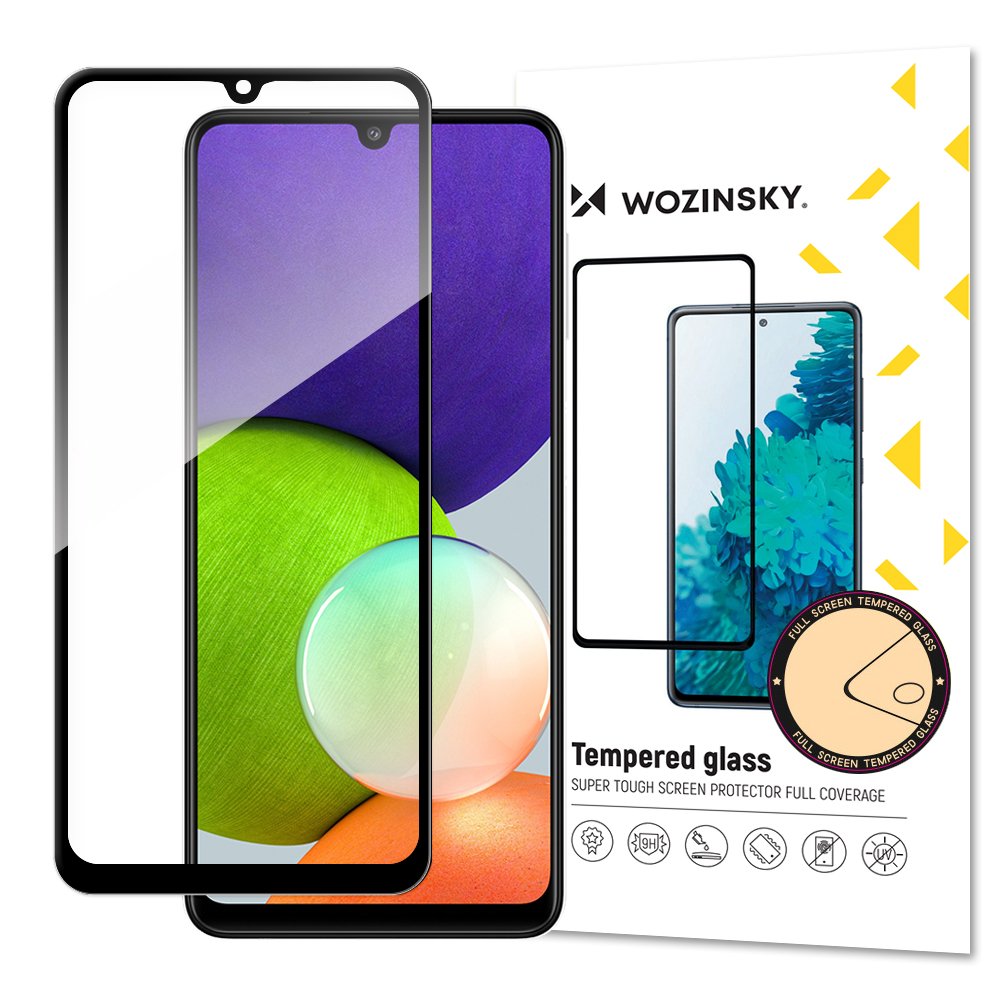 „Wozinsky“ grūdinto stiklo visiškai klijuojamas itin tvirtas ekrano apsauginis sluoksnis, visiškai dengiantis rėmelį, tinkantis dėklui, skirtas „Samsung Galaxy A22 4G“, juodas