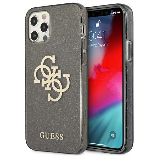 „Guess“ GUHCP12LPCUGL4GBK iPhone 12 Pro Max 6.7" juodas/juodas kietas dėklas su blizgučiais ir dideliu logotipu 4G