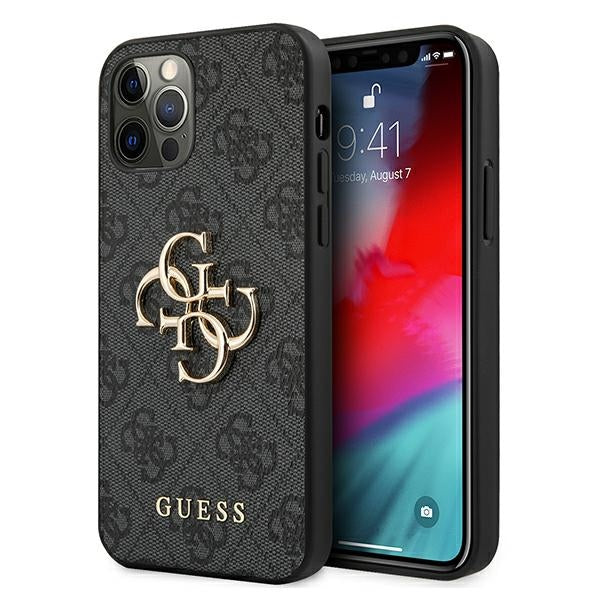Guess GUHCP12M4GMGGR iPhone 12/12 Pro 6,1" pilkas kietas dėklas 4G su dideliu metaliniu logotipu