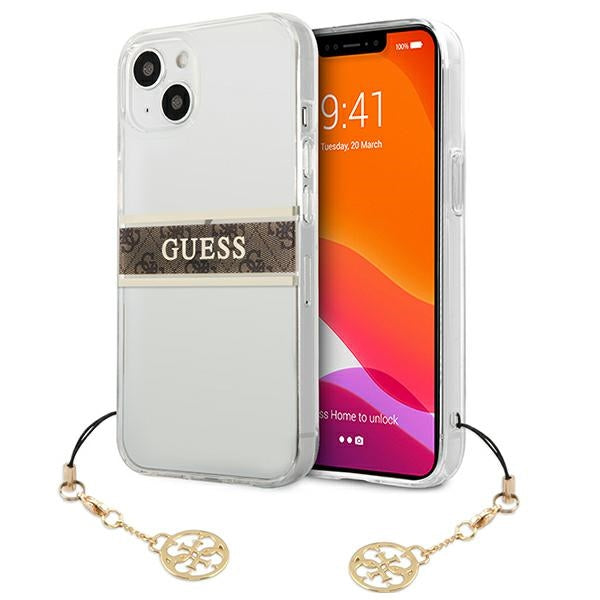 „Guess“ GUHCP13SKB4GBR iPhone 13 mini 5.4" permatomas kietas dėklas 4G rudas dirželis pakabukas