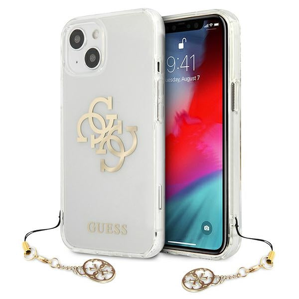 „Guess“ GUHCP13SKS4GGO iPhone 13 mini 5.4" permatomas kietas dėklas 4G auksinių „Charms“ kolekcija