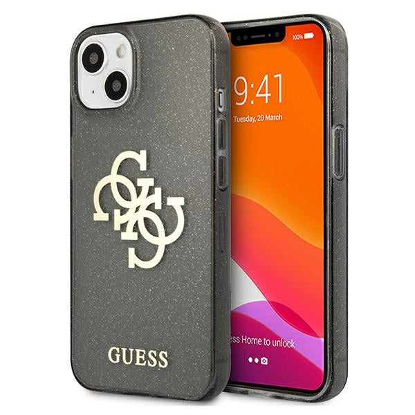 Guess GUHCP13SPCUGL4GBK iPhone 13 mini 5.4" juodas/juodas kietas dėklas su blizgučiais ir dideliu logotipu 4G