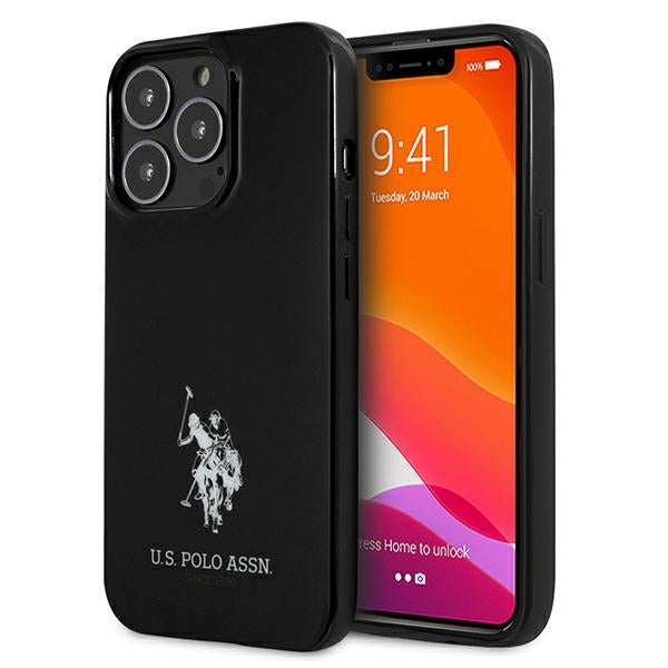 „US Polo“ USHCP13LUMHK „iPhone 13 Pro / 13 6.1“ juodas/juodas kietas dėklas su arklių logotipu
