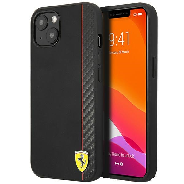 „Ferrari FESAXHCP13SBK iPhone 13 mini 5.4" juodas/juodas kietas dėklas „On Track Carbon Stripe“