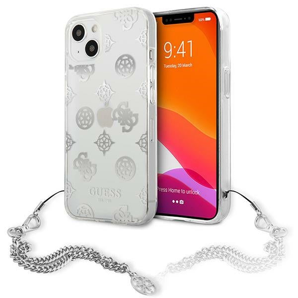 „Guess“ GUHCP13SKPESI „iPhone 13 mini 5.4“ sidabrinis/sidabrinis kietas dėklas, „Peony Chain Collection“