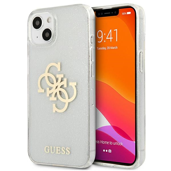 Guess GUHCP13SPCUGL4GTR iPhone 13 mini 5.4" skaidrus kietas dėklas su blizgučiais ir dideliu logotipu 4G telefonui