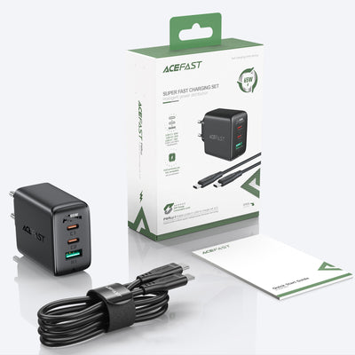 Acefast 2in1 wall charger 2x USB-C / USB-A 65W, PD, QC 3.0, AFC, FCP (set with USB-C 1.2m cable) black (A13 black)