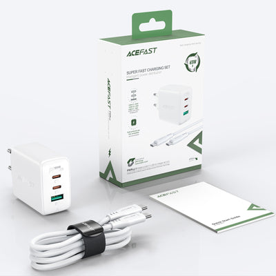 Acefast 2in1 wall charger 2x USB-C / USB-A 65W, PD, QC 3.0, AFC, FCP (set with USB-C 1.2m cable) white (A13 white)