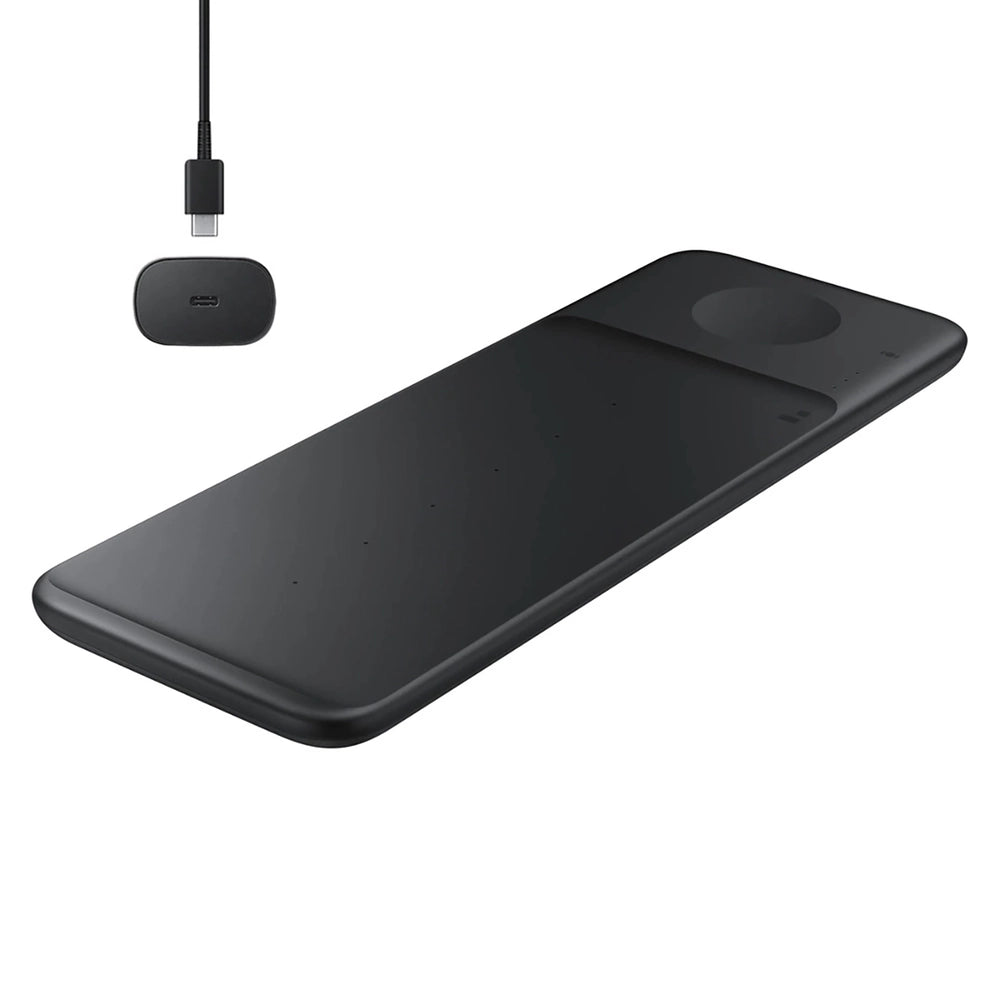 „Samsung Trio EP-P6300TBEGEU“ 3in1 indukcinis telefono / „Galaxy Watch“ / „Buds“ įkroviklis - juodas + tinklo įkroviklis + laidas