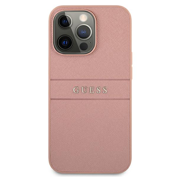 „Guess“ GUHCP13XPSASBPI iPhone 13 Pro Max 6.7" kietas dėklas, rausvas/rožinis, su „Saffiano Stripe“ raštu 